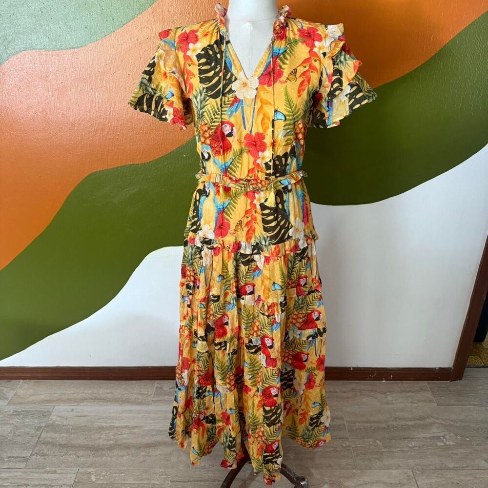Maude Vivante Tropical Parrot Floral Maxi Dress V-Neck Tiered Ruffle XS Cottage